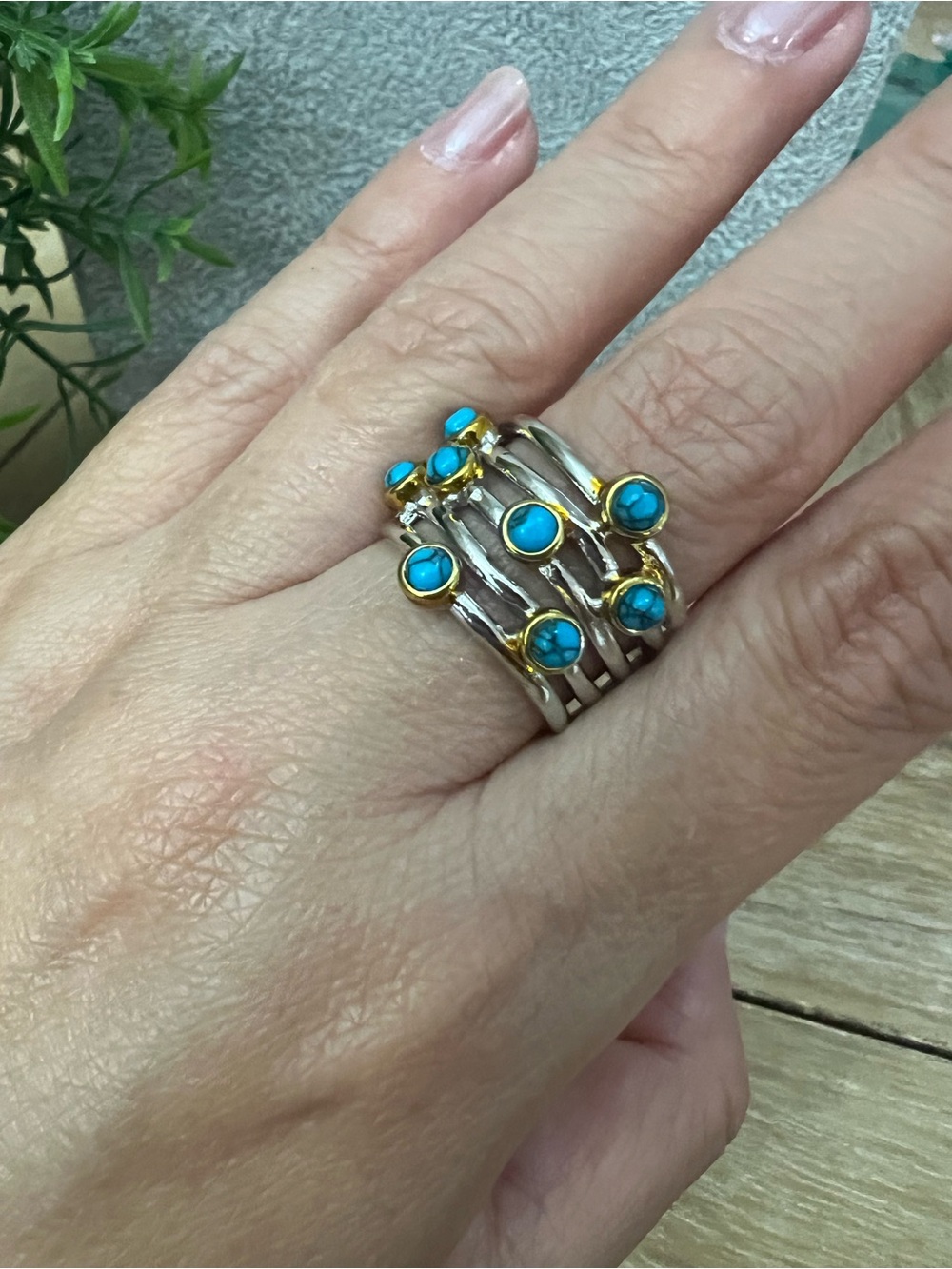 Silver Multi-Band Ring with Turquoise Cabochons